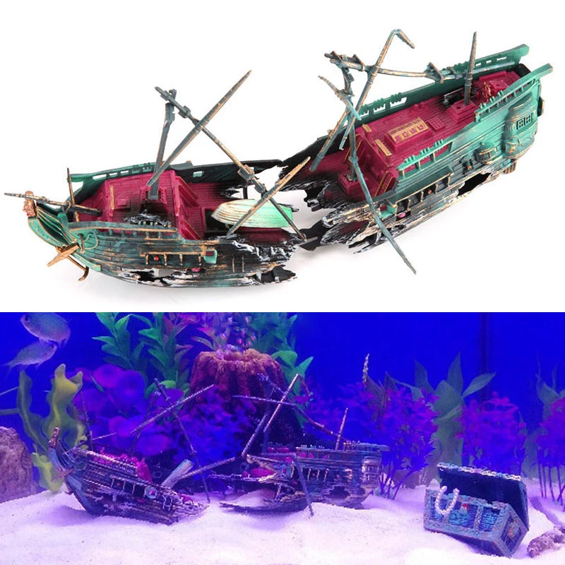 Artificial Aquarium Ornament Air Aerobic Device Decor Split ShipWreck Sailing Boat Sunk Ship Fish Tank Aquarium Decoration7