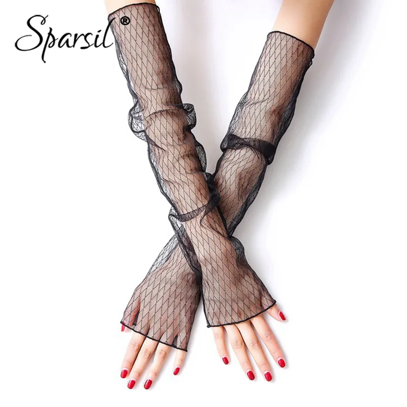 Sparsil Summer Women Long Lace Gloves Female Sun Protective Party Driving Mitten Patterns Anti-UV Sun Block Thin Armband 50cm