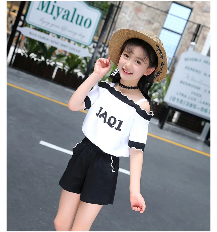 Cute Casual Teenage Clothes For Girls Clothing Sets 2019 Summer Children Shoulderless Letter Tshirt Tops Shorts 2Pcs Kids Suit (13)