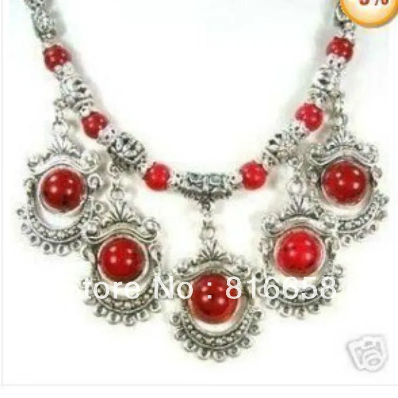 

Free shipping@@Rare Tibet Tribal jewelry Silver Red Coral Necklace