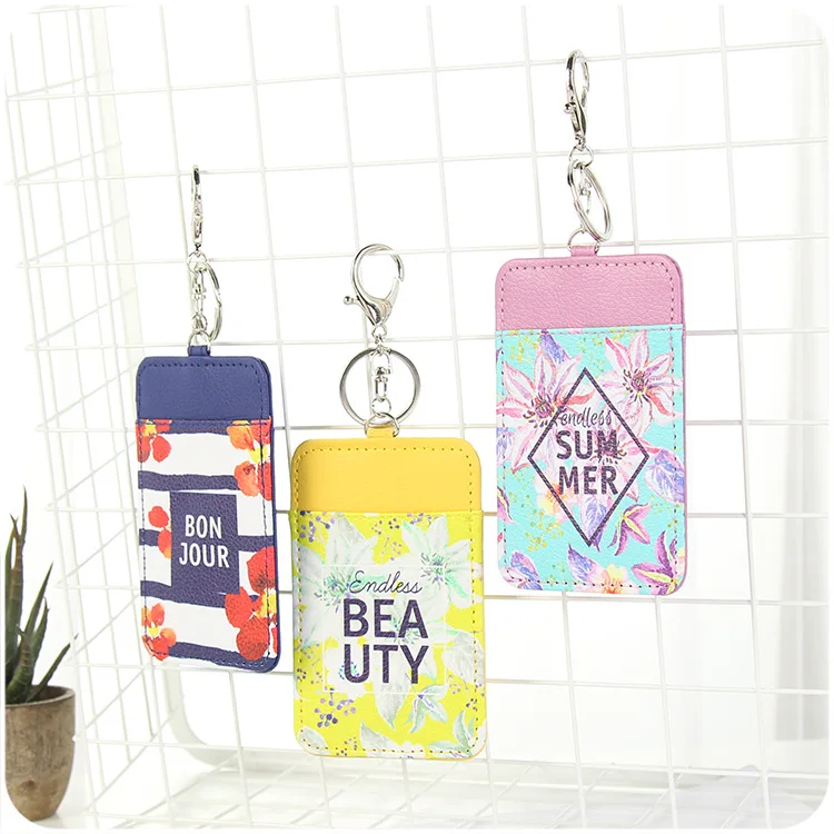 

Floral Style PU Leather Bus ID Credit Card Holder Buckle Neck Lanyard Name Badge Card Case Business Card Holder with Keyring
