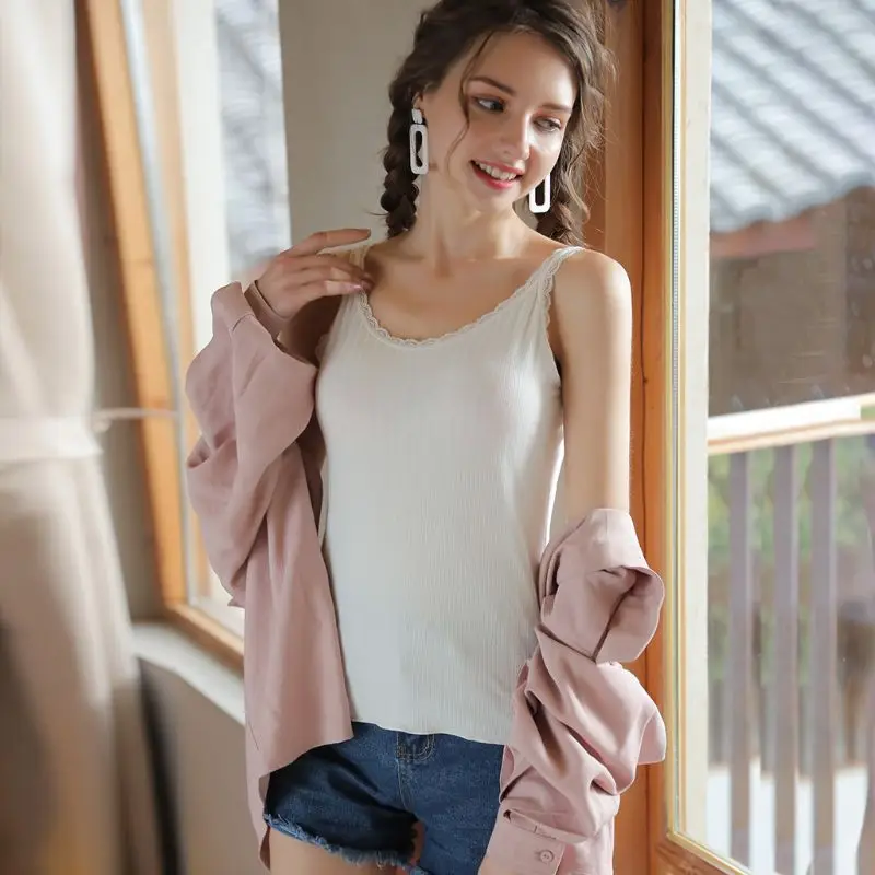 

Women Summer Scalloped Lace Spaghetti Strap Tank Top Thread Ribbed Solid Color Sexy V-Neck Basic Camisole Agaric Hem Slim Vest