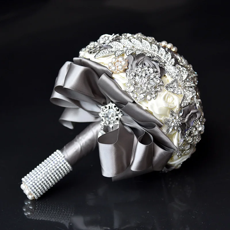 " Серебряная темно-серая брошь букет невесты Кристалл Bling Boquet роскошный уникальный бутиковый букет - Цвет: Серебристый