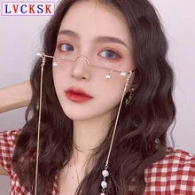 Модные знаменитости жемчуг очки без оправы для очков интернет-знаменитость орнамент очки, не линзы из поликарбоната и цепи N5