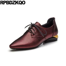 Плоские высокое качество зашнуровать обычай красное вино Настоящая кожа Остроконечные Китай марочный женская обувь оксфорды металлический большой размер отправка капель европейская красивая Мода последние весенняя ос