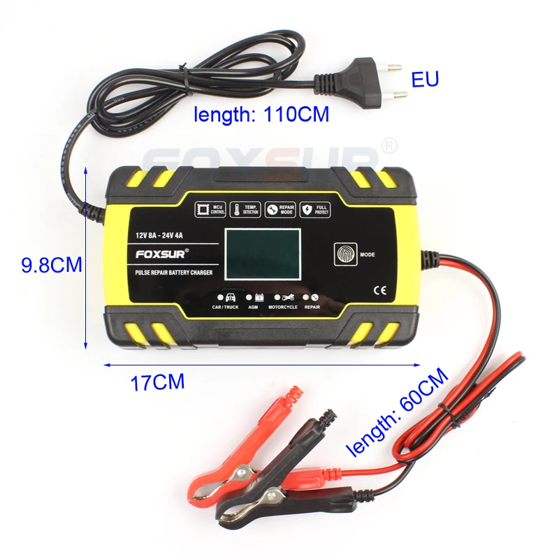 FOXSUR 12V 24V Smart Battery Charger, Car Truck Lead-Acid AGM EFB GEL WET Battery Charger, 100-240V AC input