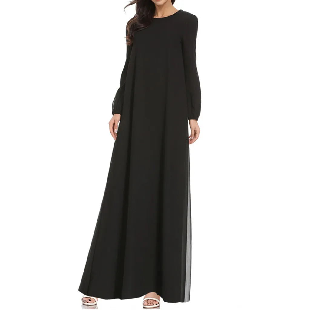 Модное мусульманское платье, макси платье, рукав-труба, абайя, длинный халат, платья, туника, пояс, однотонный цвет, Повседневное платье-кафтан с длинным рукавом