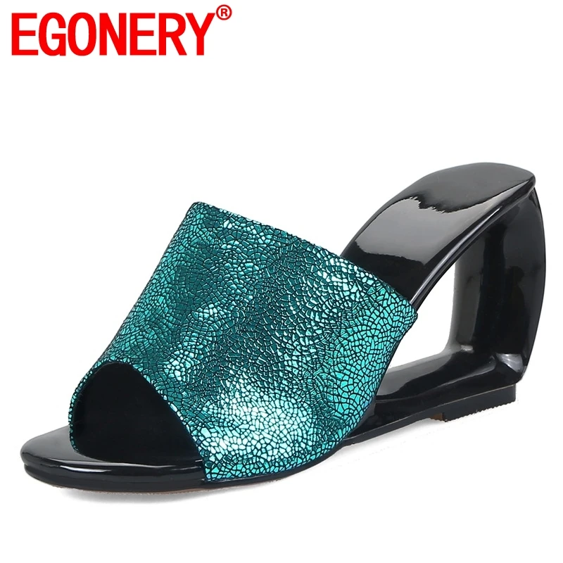 

EGONERY woman genuine leather slippers new fashion lady shoes woman open toe summer high heels 2019 hollow wedges outside slides