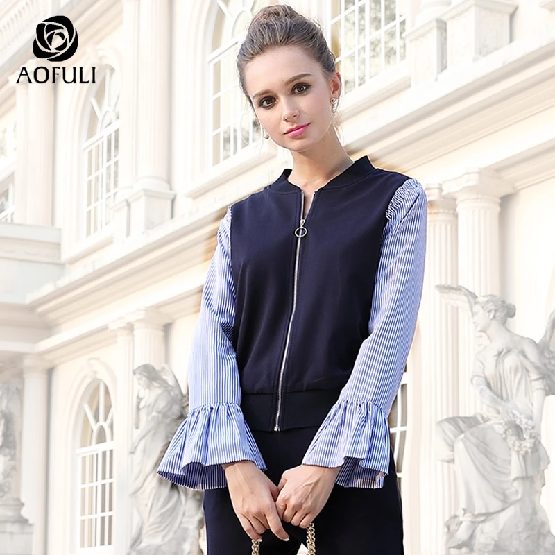 

AOFULI M- 4XL 5XL Women Stripe Print Patchwork Jacket Coat Ladies Autumn Winter Flare Sleeve Short Tops Big Size Overcoat B6080