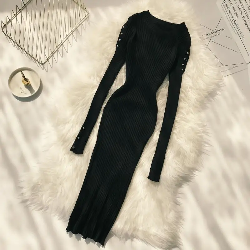 ALPHALMODA сексуальное трикотажное платье на пуговицах с рукавами осенне зимнее