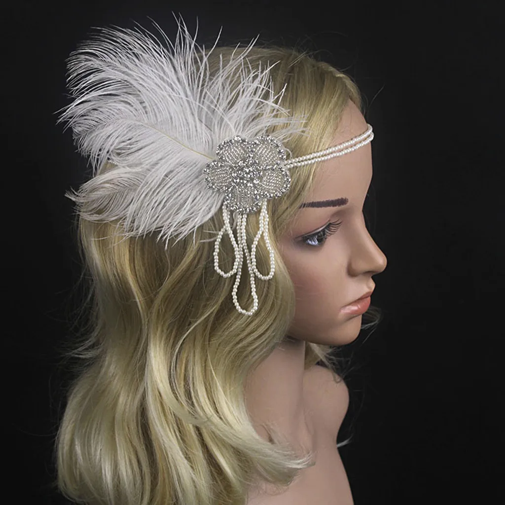 

Flapper Feather Headband 1920s Accessories Crystal Beaded Wedding Headpiece