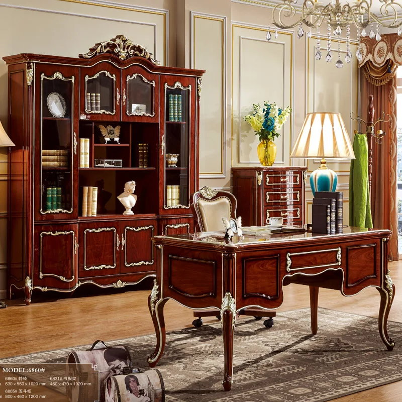 European style antique solid Wood Bookcase Bookshelf book cabinet Classical study Desk With arm Chair for study room furniture European style antique solid Wood Bookcase Bookshelf book cabinet Classical study Desk With arm Chair for study room furniture