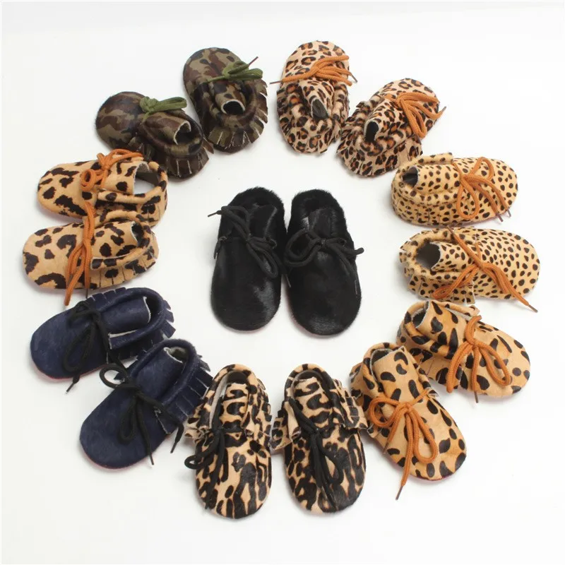 

New Leopard Style Lace-up Genuine leather toddler baby Moccasins shoes Newborn First Walkers Red bottom Fringe baby boot