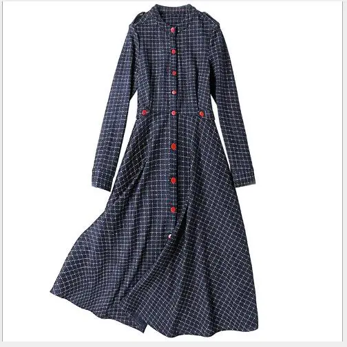 Femme A Manteaux Longues Nouveau Casual Mode Fit Femmes O Blue Manches Automne Navy Plaid 2018 Longue Section cou Slim ligne Robe 4OwvqP8