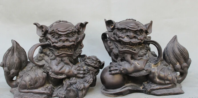 

S3004 9" Chinese Pure Bronze Folk Guardian Beast Foo Fu Dog Lion PiXiu Statue Pair D0318