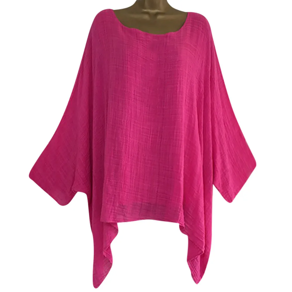 Женская блуза, Женская Повседневная, размера плюс, свободная, хлопок, лен, одноцветная, топы, рубашка, Blusas Mujer De Moda,, Camisa Feminina, Новинка - Цвет: Hot Pink