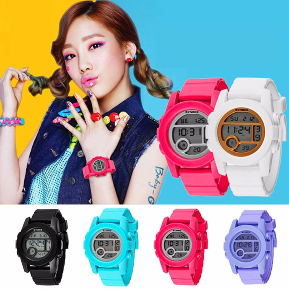 Дети Водонепроницаемый светодиодный цифровые часы ярких цветов Резиновый Ремешок модные часы для мальчиков и девочек