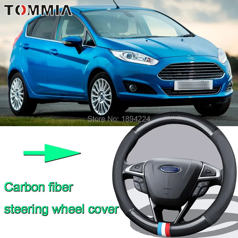 

38CM Size M Rubber Carbon Fiber Leather Car Steering Wheel Cover Non-slip breathable For Ford Fiesta