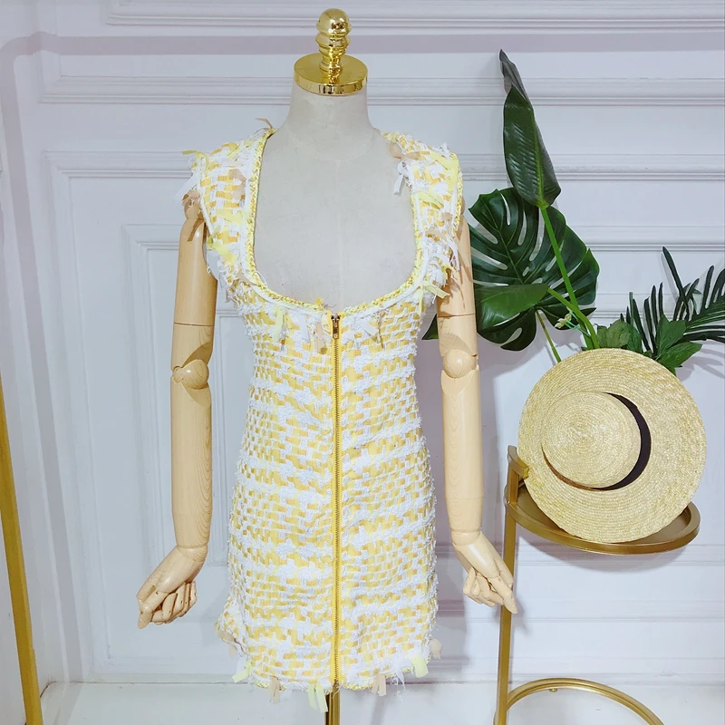 Runway Designer Yellow Plaid Tweed Dresses Women Elegant Tassel