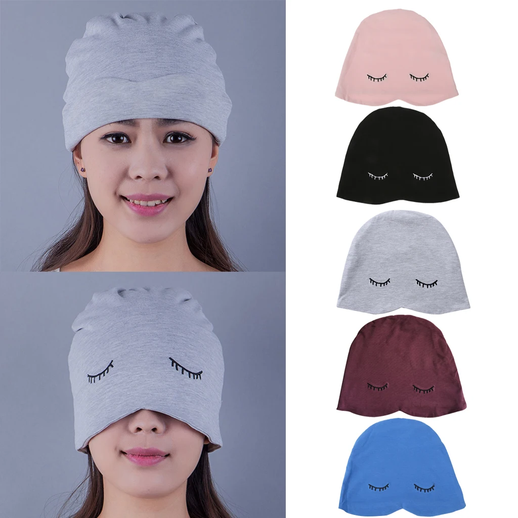

Adult Unisex Knitted Sleep Night Cap Casual Sport Cap Eye Mask Eyelash Design Hats Light Pink