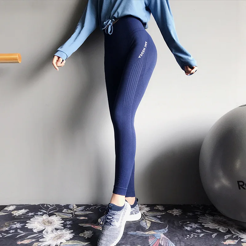SALSPOR штаны для йоги женские леггинсы для фитнеса с буквенным принтом высокая Талия пуш-ап Бесшовные Леггинсы для йоги, тренажерного зала женские штаны для бега - Цвет: Navy