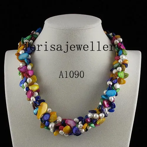 A1090#5 строк разноцветный цвет оболочки белый природный жемчуг ожерелье