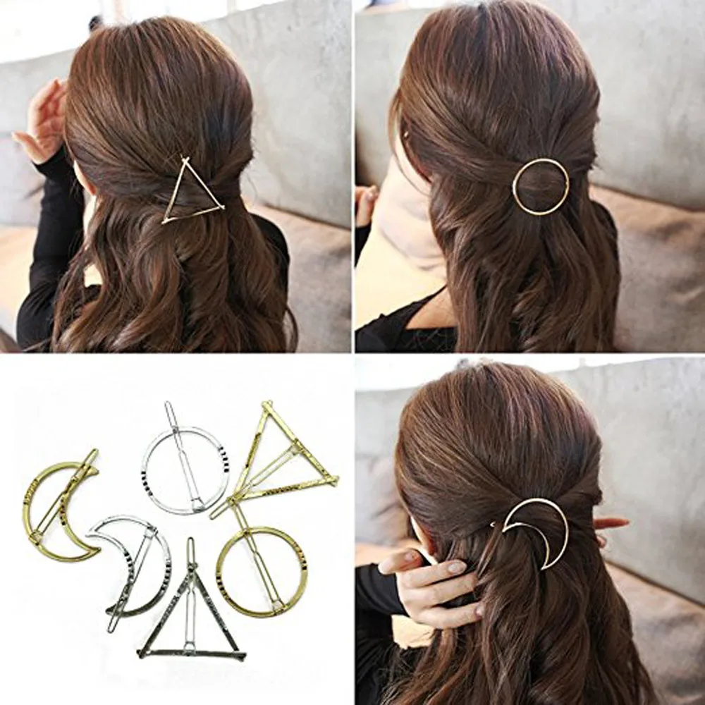 

6PCS Geometric Shape Hair Clip Fashion Women Lady Girl Punk Hollow Out Moon Triangle Circle Barrettes Hairpin Clamps Gold #A