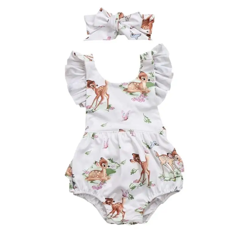 

2pcs/Set Lovely Girl Romper Newborn Baby Girls Cute Deer Print Flying Sleeve Romper Headband Suit Baby Climbing Soft Clothes