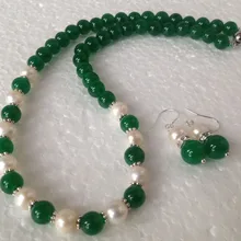7-8 мм белый Akoya жемчуг/зеленый нефрит Мода ожерелье серьги набор