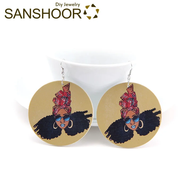 

SANSHOOR Painted Glasses Woman Headwrap Wood Dangle Earrings Afrocentric Black Bohemia Jewelry As Women Christmas Gift 1Pair