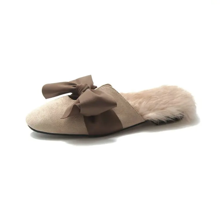 Тапочки с бантиком из натурального меха; зимняя женская обувь из флока и замши; тапочки из натурального кроличьего меха с меховым помпоном - Цвет: Beige