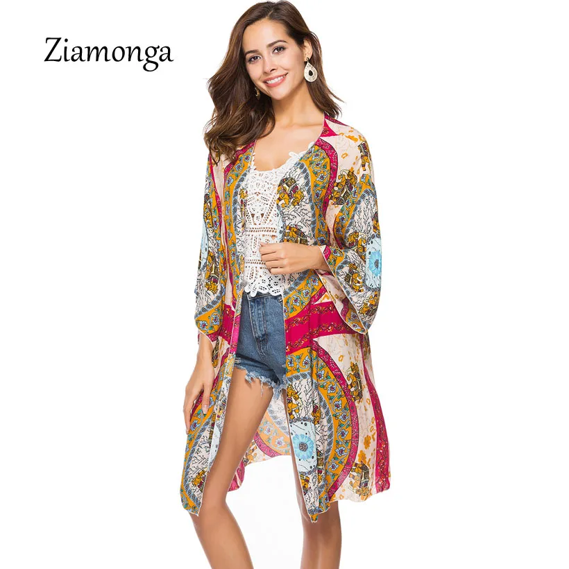 Ziamonga Summer Women Tops Beachwear Kimono Cardigan Floral Print Long
