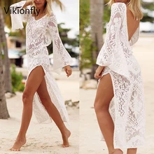 Abençoe Sexy Back V Crochet Biquini Cover Up Praia Mulher Verão Manga Longa Maiô Maiô Praia Túnica Vestido Desgaste branco(China)