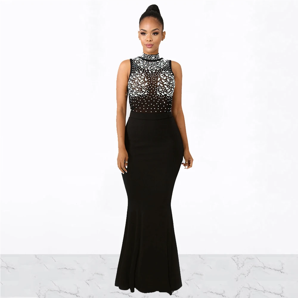 

Women Sexy See Through Diamonds Bodycon Maxi Dress Female Elegant Sequin Slim Mermaid Dresses Rhinestone Package Hip Long Robes