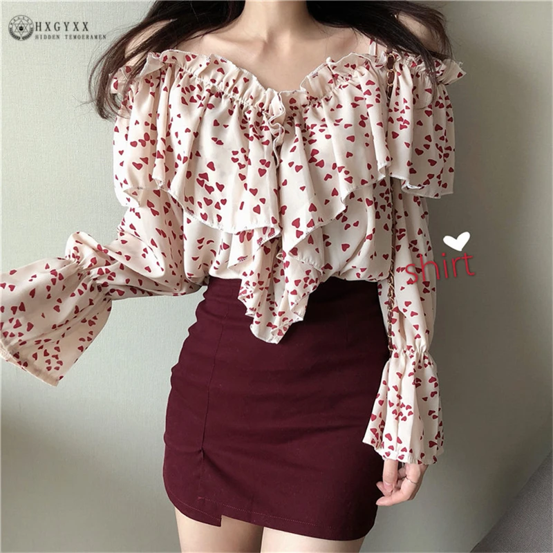 

2019Spring New Sexy off-the-shoulder floral Shirt Loose sling one word shoulder Flare sleeve chiffon Top Summer Women Blouse C15