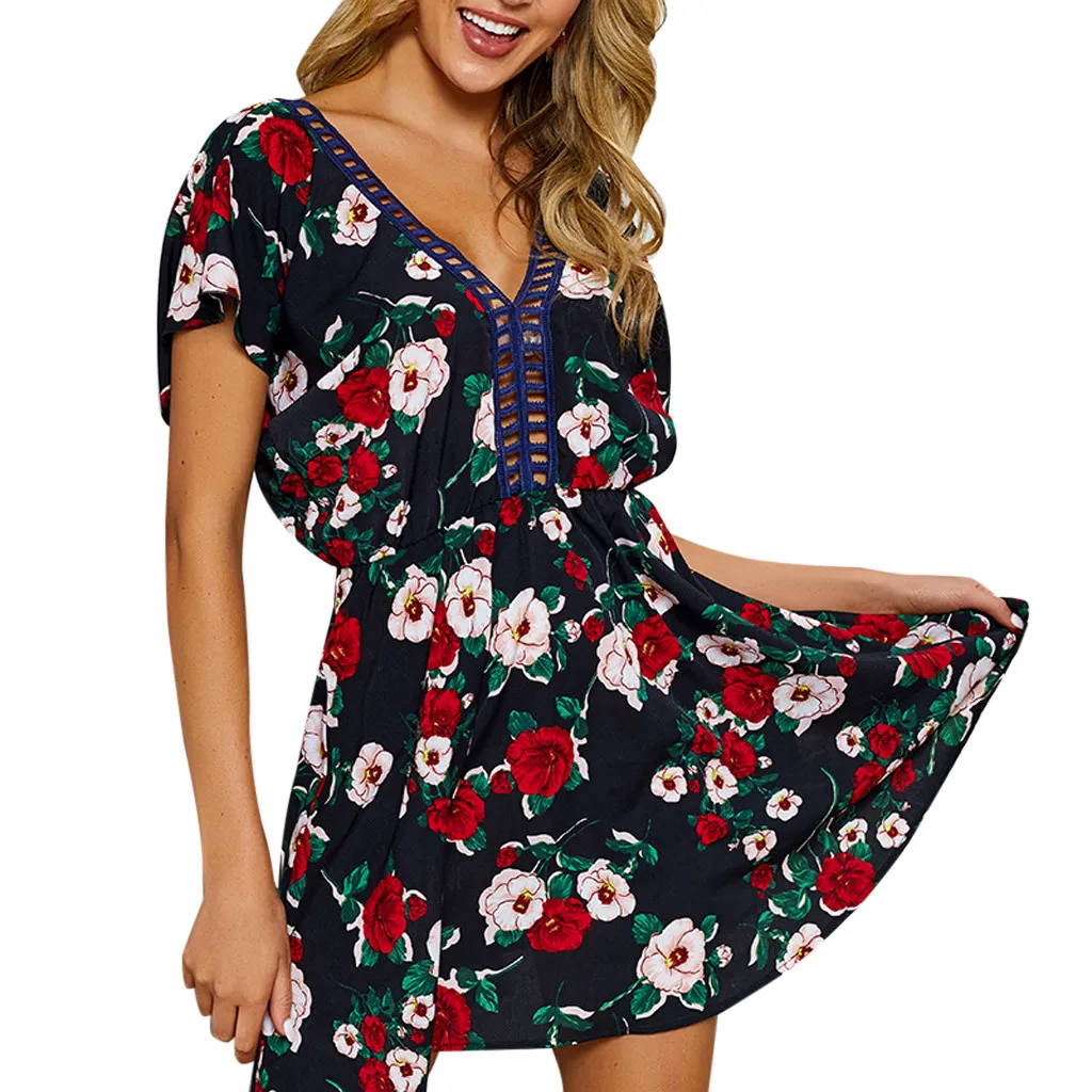 Women's Clothing Dresses New Fashion Ladies Casual Summer Dress V Neck Floral Short Sleeve Backless Mini Holiday Beach Dress 301