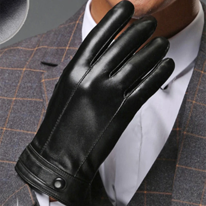 Autumn Winter Genuine Leather Man Gloves Thicken Plush Lined  Fashion Black Finger Touchscreen Sheepskin Gloves Male M052