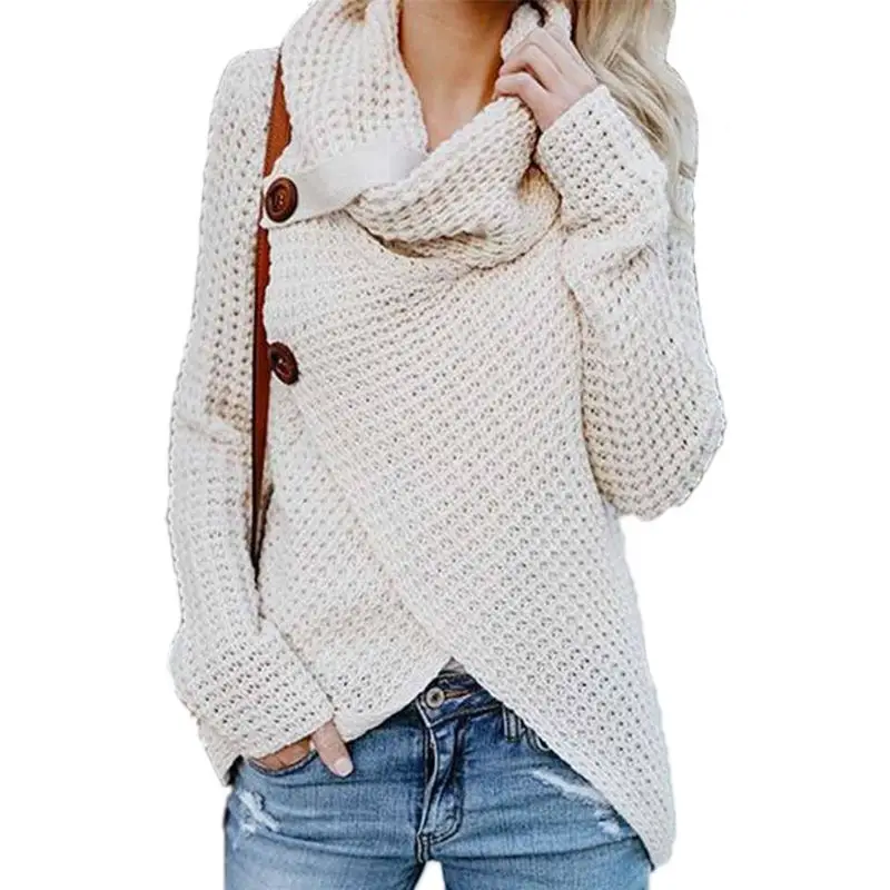 

Women Turtleneck Sweater Cable Knitted Loose Button Wrap Irregular Pullover Tops