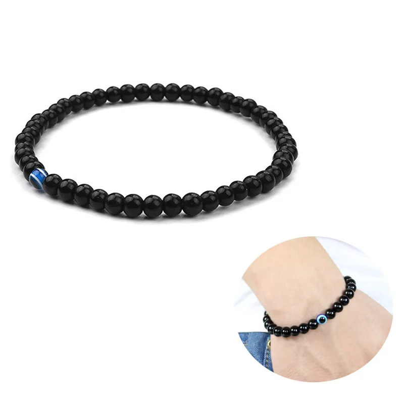 

2019 Bileklik Natural Stone Bracelets Black Onyx Beads Bracelet Men Evil Eye Elastic Bracelets for Women Men Fashion Jewelry