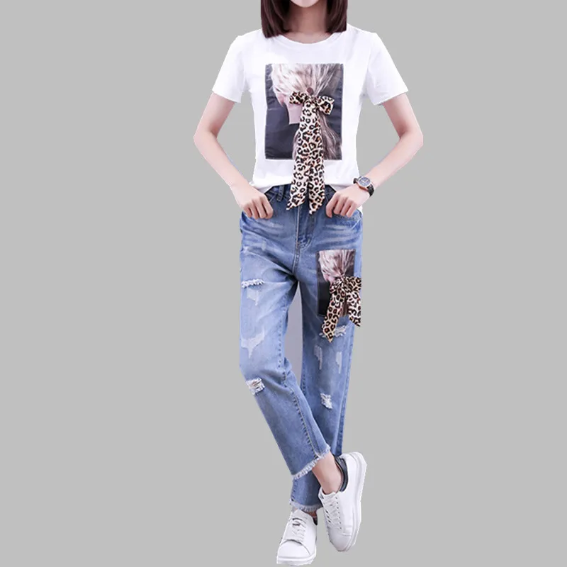 

HAMALIEL Runway Women Leopard Printed Character Bow Tshirts Pants Suits Summer Cotton T-Shirt And Denim Tassel Hole Pants Set