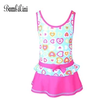 Купальный костюм с бантиком и ложным поясом, Персиковое сердце, Цельный купальник, юбка с оборками для девочек пляжная одежда Быстросохнущий детский купальный костюм
