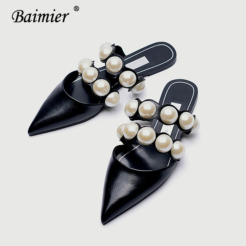 

Baimier Luxury Genuine Leather Pearl Women Sandals Summer Black Slip On Flat Sandals Women Fashion Pointed Toe Women Slippers