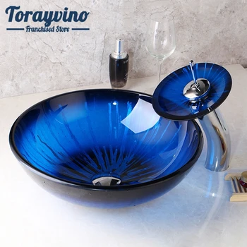 

Torayvino Round Tempered Glass basin Blue Vessel Sink Mixer Deck Mounted Basin Faucets Set & Waterfall Faucet With Pop-Up Drain