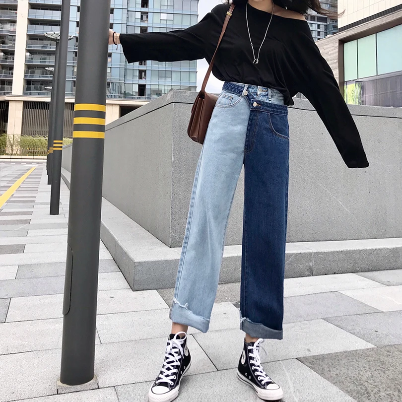 

Fake Two Pieces of Color Stitching Jeans Female 2019 Straight Tube Nine Points Pants Button Fly Pockets Stripe
