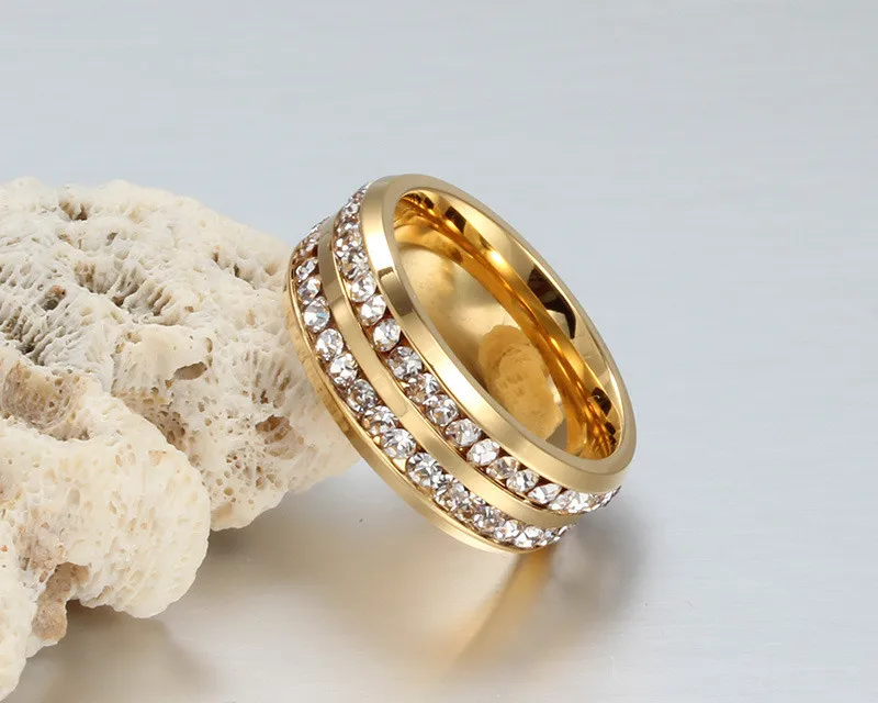 Modyle 2019 New Gold Color Stainless Steel Rhinestone Wedding Ring 2 Rows White CZ Stone Engagement Rings For Women