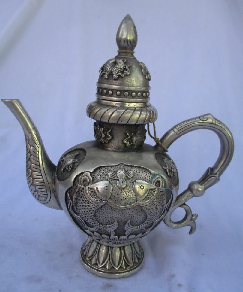 

Collectible Decorated Old Handwork Tibet Silver Carved fish Handle Teapot/Flagon Free shipping 00007