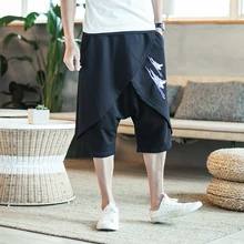 Летние свободные мужские шорты, мужские шорты в стиле хип-хоп с вышивкой, повседневные мужские шорты-шаровары, льняные Большие размеры