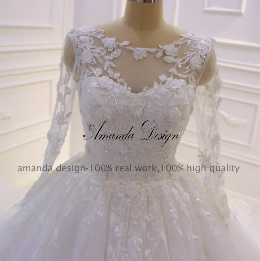 Аманда дизайн abiti да sposa с длинным рукавом кружево Аппликация роскошный платья со шлейфом Свадебное платье