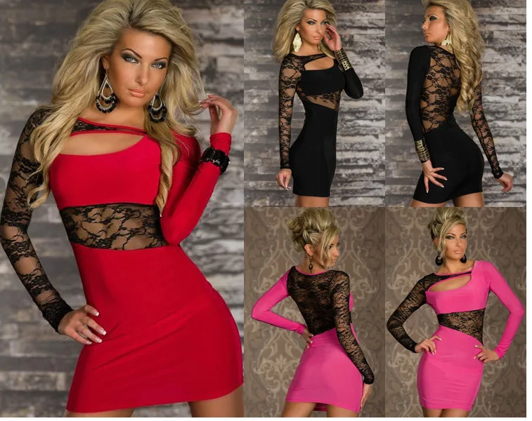 

Free Shipping 3 Color 2016 New Women Elegant Lace Sleeve Low-Cut Bodycon Mesh Office Mini Dress Unique Fashion Design OL Style