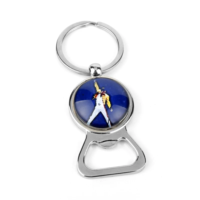 Freddie Mercury Glass keychain Rock Band Queen Freddie Mercury Bottle Opener Keyring Key Chains Creative Gifts For Fans - Color: blue